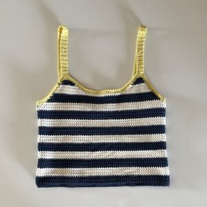 STAUD XS Striped Crochet Tank Top in Navy, White & Yellow Trim
